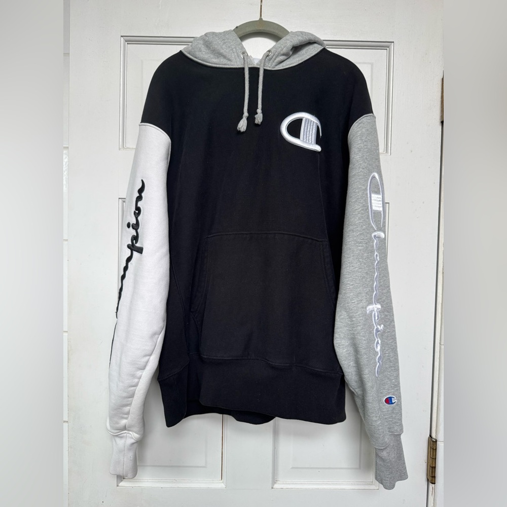 Champion Men's Reverse Weave Colorblock Black, Gray and White Hoodie.